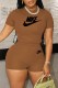 Coffee Casual Print Letter O Neck Short Sleeve Two Pieces