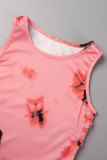 Watermelon Red Casual Print Tie Dye Frenulum O Neck Sleeveless Dress Dresses
