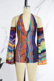 Multicolor Sexy Print Patchwork Frenulum Backless Halter Regular Rompers