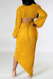 Red Sexy Solid Frenulum Slit V Neck Long Sleeve Two Pieces