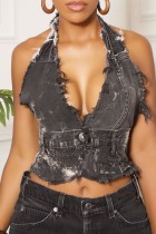 Black Sexy Casual Solid Bandage Patchwork Backless Halter Tops