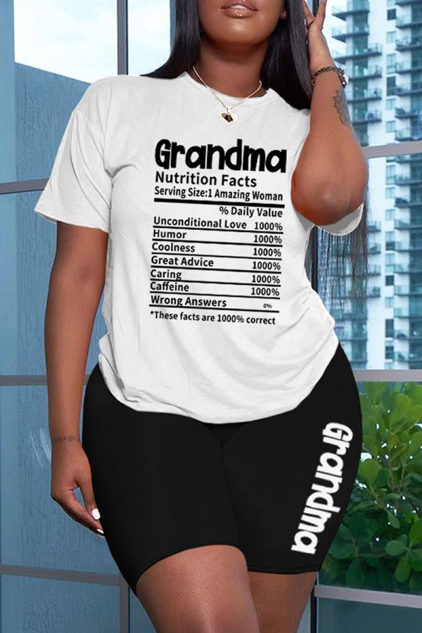 White Casual Letter Print Basic O Neck Short Sleeve Two Pieces