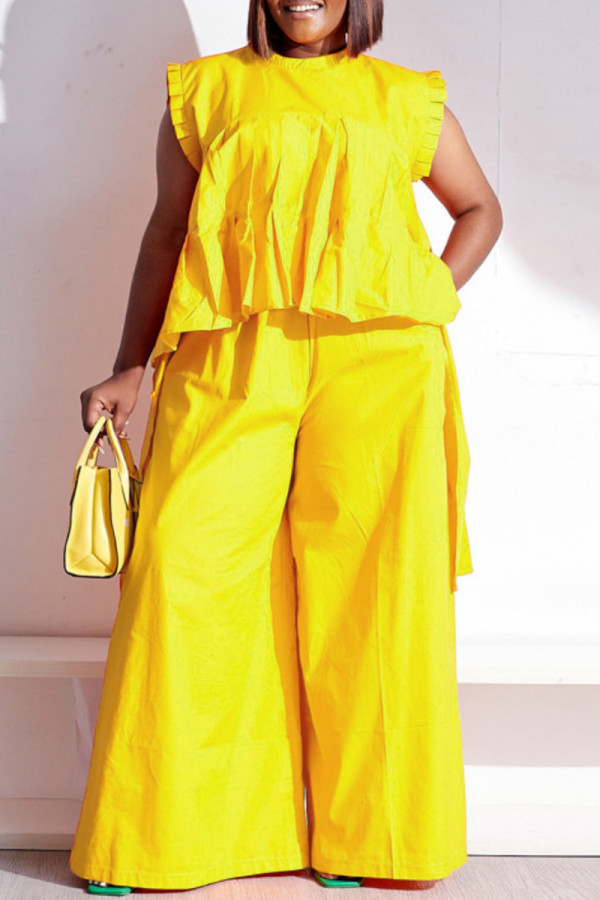 Yellow Casual Solid Patchwork O Neck Sleeveless Two Pieces