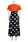Orange Casual Dot Print Patchwork V Neck Long Dress Dresses