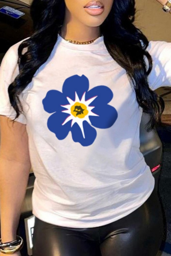 White Casual Print Basic O Neck T-Shirts