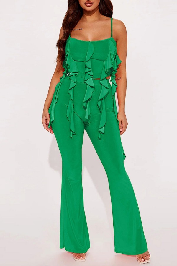 Green Sexy Casual Solid Patchwork Backless Spaghetti Strap Sleeveless Two Pieces