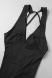 Green Sportswear Letter Patchwork Backless Fold V Neck Skinny Rompers