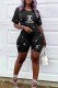 Black Casual Print Letter O Neck Short Sleeve Two Pieces