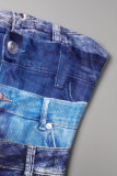 Blue Street Print Patchwork Strapless Wrapped Skirt Dresses