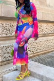 Colour Casual Print Patchwork Turndown Collar Long Sleeve Two Pieces