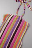 Rose Red Sexy Striped Bandage Backless Halter Long Dress Dresses