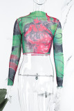 Green Casual Print Basic O Neck T-Shirts