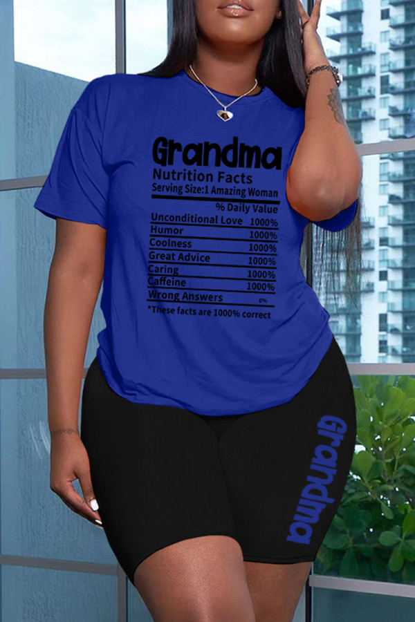 Blue Casual Letter Print Basic O Neck Short Sleeve Two Pieces