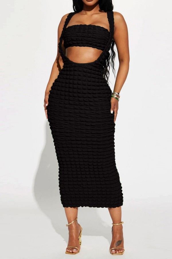 Black Sexy Solid Backless Spaghetti Strap Sleeveless Two Pieces