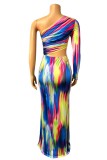 Blue Sexy Print Hollowed Out Backless Oblique Collar Long Dress Dresses