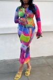 Colour Casual Print Patchwork Turndown Collar Long Sleeve Two Pieces