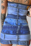 Blue Street Print Patchwork Strapless Wrapped Skirt Dresses
