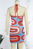 Blue Sexy Patchwork Backless Halter Sleeveless Dress Dresses
