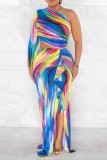 Blue Sexy Print Hollowed Out Backless Oblique Collar Long Dress Dresses