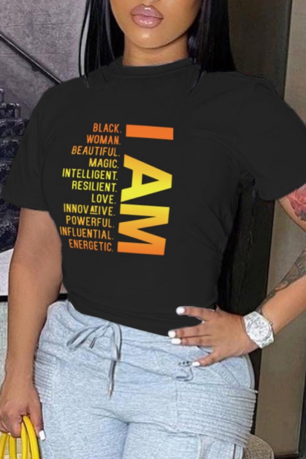Black Casual Letter Print Basic O Neck T-Shirts