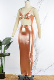 Orange Sexy Solid Hollowed Out Backless Spaghetti Strap Long Dress Dresses
