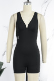 Green Sportswear Letter Patchwork Backless Fold V Neck Skinny Rompers