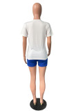 White Casual Letter Print Basic O Neck Short Sleeve Two Pieces