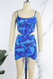 Blue Sexy Print Backless Spaghetti Strap Sleeveless Two Pieces
