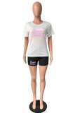 Powder Blue Casual Letter Print Basic O Neck Short Sleeve Two Pieces