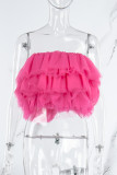 Rose Red Sexy Casual Solid Patchwork Backless Strapless Tops