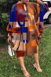 Multicolor Casual Print Hollowed Out O Neck Long Sleeve Dresses