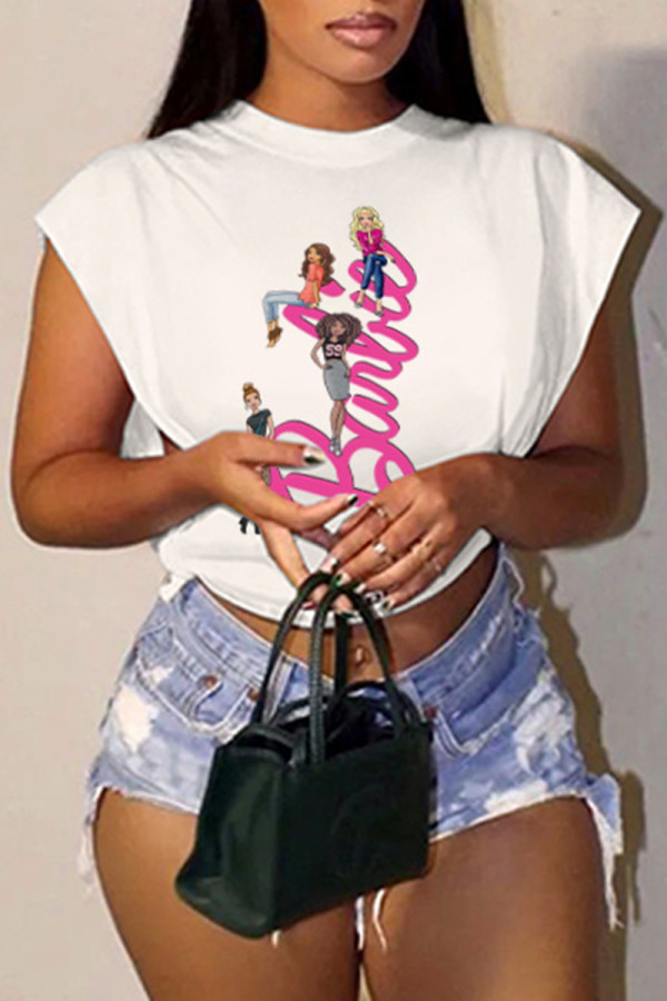 White Casual Print Basic Hot Drill O Neck T-Shirts