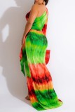 Blue Sexy Print Hollowed Out Backless Oblique Collar Long Dress Dresses