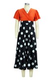 Orange Casual Dot Print Patchwork V Neck Long Dress Dresses