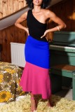 Red Sexy Casual Patchwork Backless Contrast Oblique Collar Sleeveless Dress Dresses