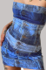 Blue Street Print Patchwork Strapless Wrapped Skirt Dresses