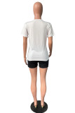 Powder Blue Casual Letter Print Basic O Neck Short Sleeve Two Pieces