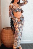 Multicolor Casual Print Basic O Neck Long Sleeve Two Pieces