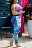 Blue Sexy Casual Print Frenulum Backless Spaghetti Strap Sleeveless Two Pieces