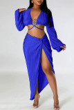 Red Sexy Solid Frenulum Slit V Neck Long Sleeve Two Pieces