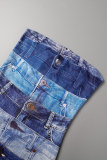 Blue Street Print Patchwork Strapless Wrapped Skirt Dresses