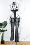 Black Sexy Solid Bandage Hollowed Out See-through Backless Halter Sleeveless Two Pieces