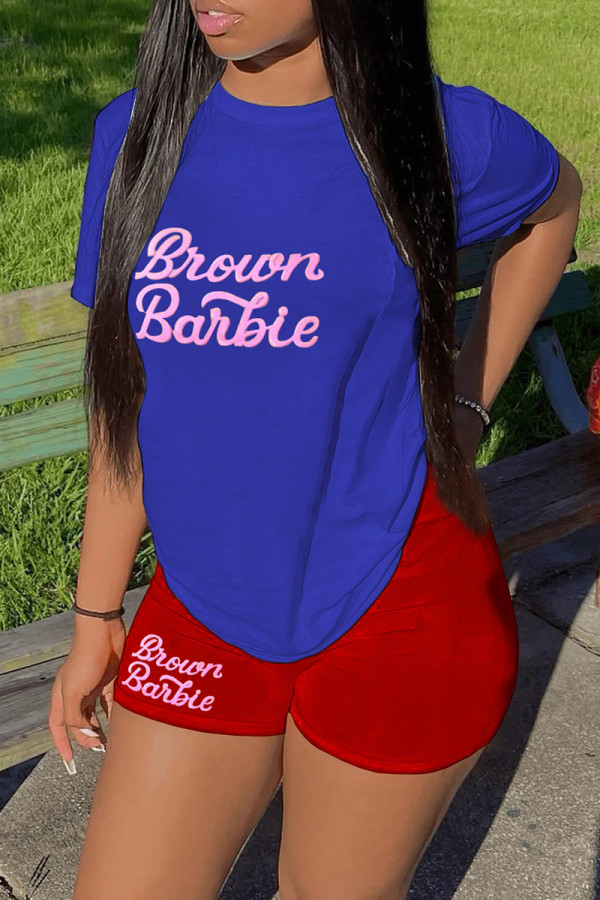Blue Red Casual Letter Print Basic O Neck Short Sleeve Two Pieces