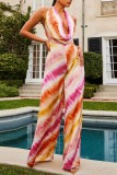 Red Sexy Casual Print Backless Regular Jumpsuits