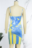 Blue Sexy Print Backless Spaghetti Strap Sleeveless Dress Dresses