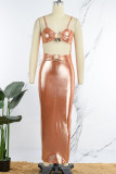 Orange Sexy Solid Hollowed Out Backless Spaghetti Strap Long Dress Dresses