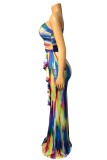 Blue Sexy Print Hollowed Out Backless Oblique Collar Long Dress Dresses