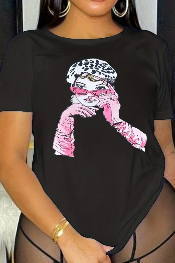 Black Casual Print Basic O Neck T-Shirts