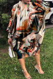 Coffee Casual Print Hollowed Out O Neck Long Sleeve Dresses