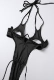 Black Sexy Solid Bandage Hollowed Out See-through Backless Halter Sleeveless Two Pieces